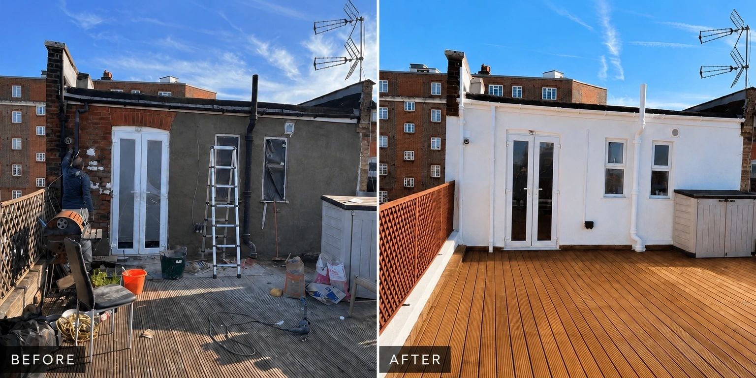 Rooftop renovation before and after — West London property maintenance