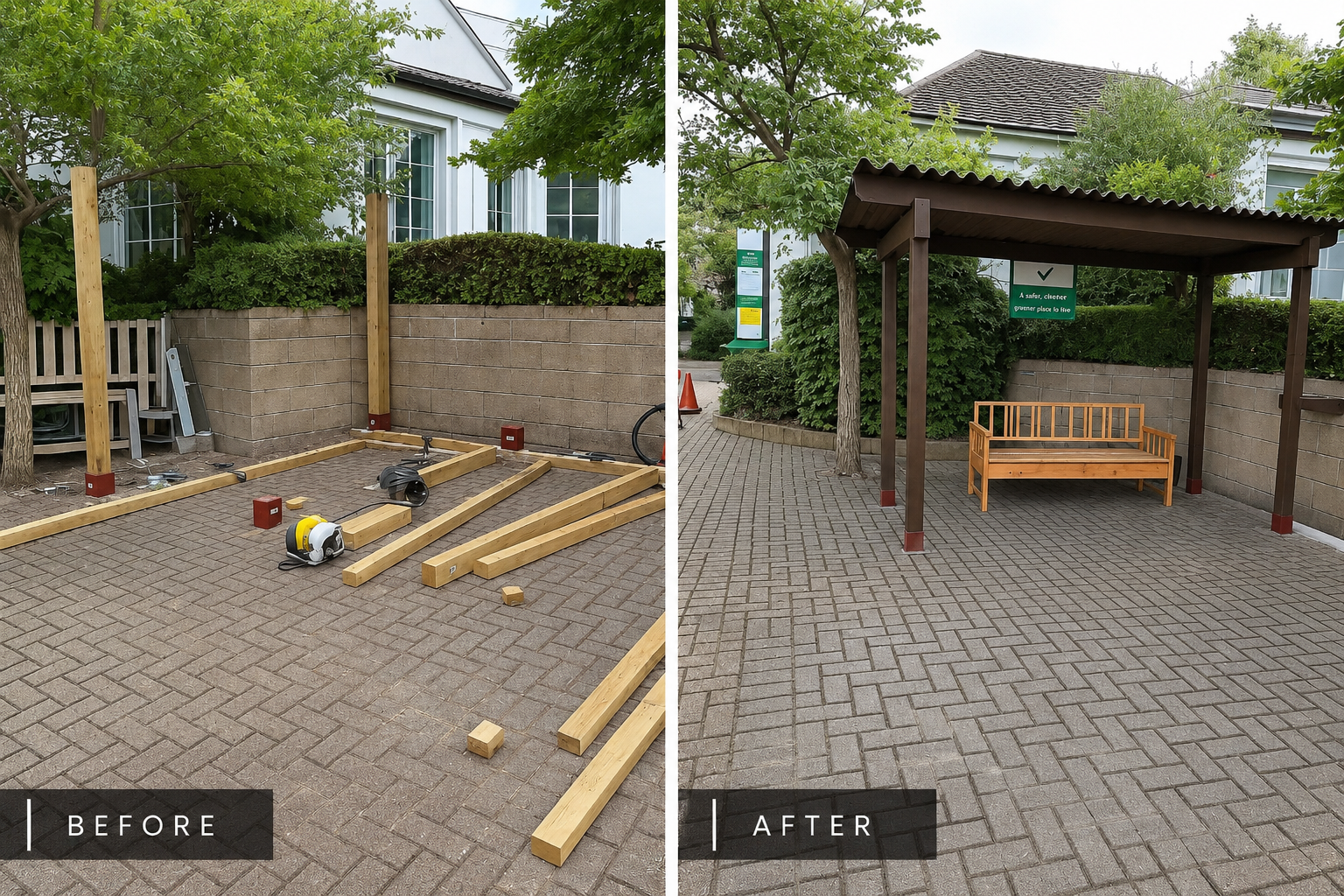 Pergola and outdoor seating structure before and after — West London