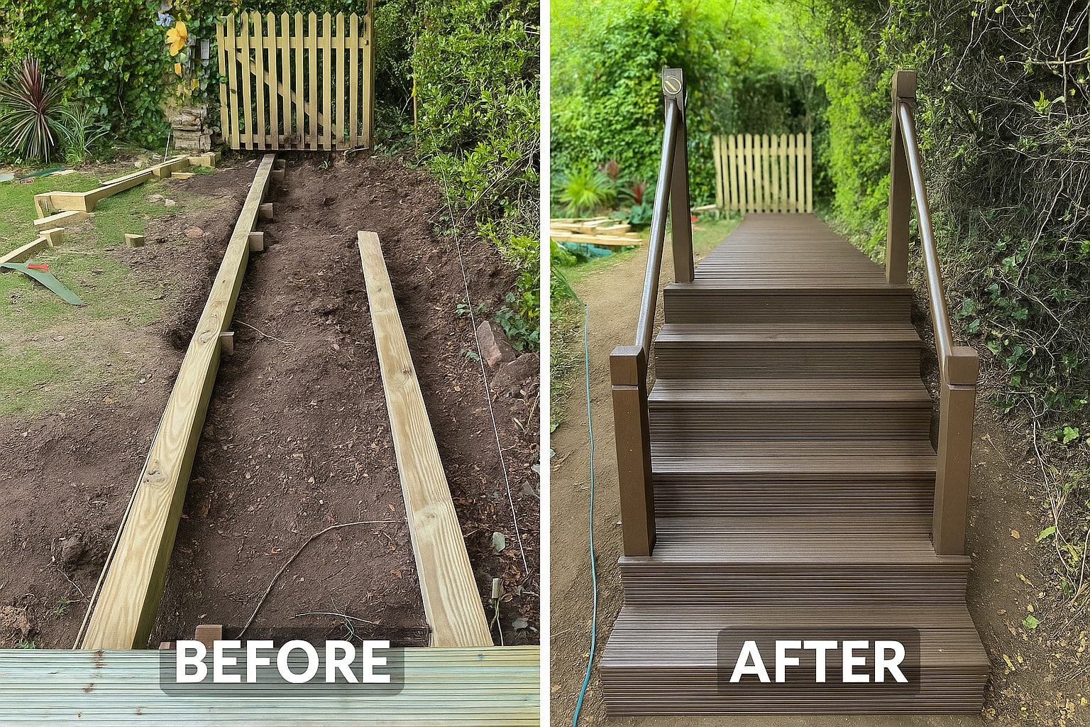Garden staircase carpentry before and after — West London