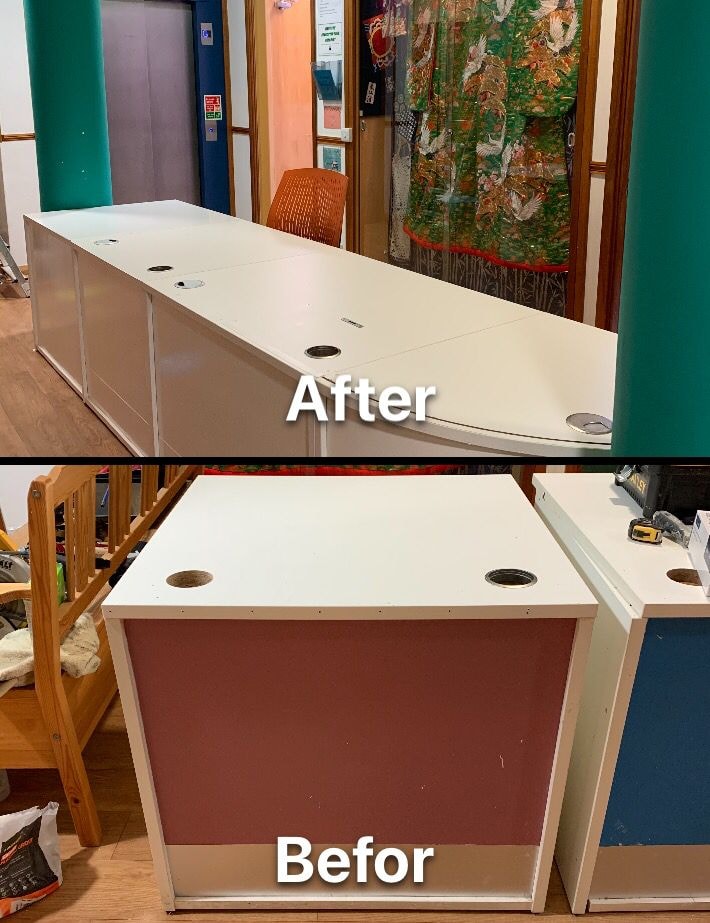 Reception desk fitting before and after — West London